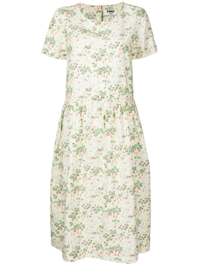 Ymc You Must Create Floral-print Short-sleeved Midi Dress In Cream