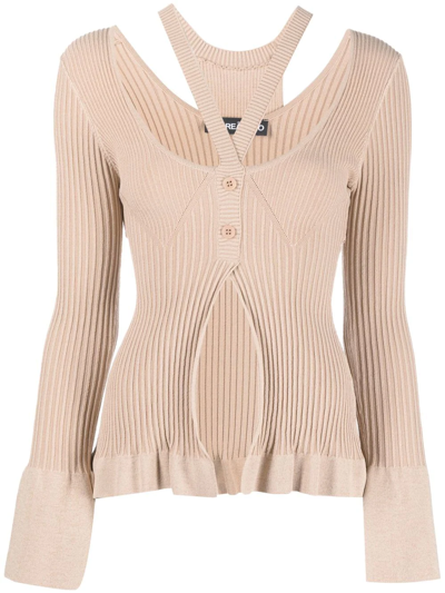 Andreädamo Cropped Ribbed-knit Cardigan In Beige