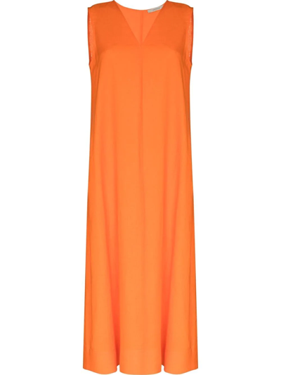 Asceno Nisha Papaya Organic Linen V-neck Dress In Printed