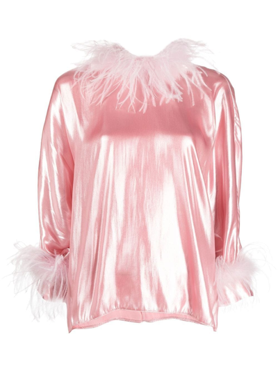 Styland Metallic-sheen Feather-trimmed Blouse In Pink