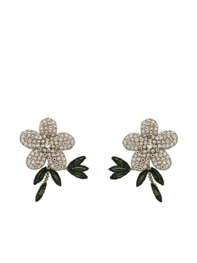 Oscar De La Renta Embroidered Crystal Flower Clip Earrings