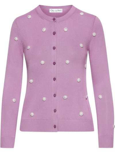 Oscar De La Renta Long Sleeve Pearl Embroidered Cardigan In