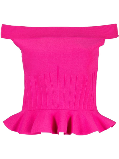 Alexander Mcqueen Off-the-shoulder Ribbed Stretch-knit Peplum Top In Pink