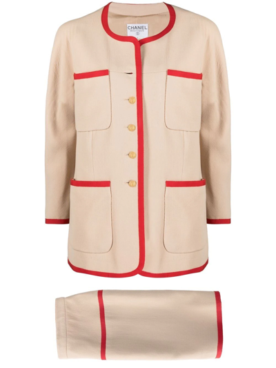 Pre-owned Chanel 1980s Collarless Two-piece Skirt Suit In Neutrals
