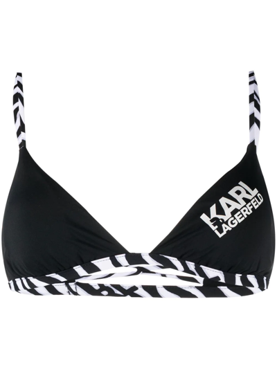 Karl Lagerfeld Logo Zebra-trim Bikini Top In Black