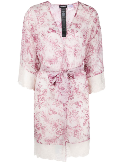 Emporio Armani Floral-print Lace-trim Dressing Gown In Pink
