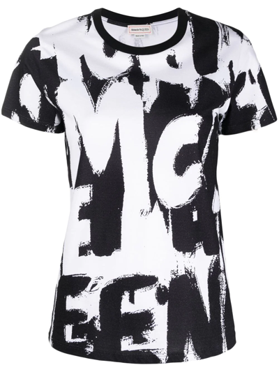 Alexander Mcqueen Womans Graffiti Printed Cotton White And Black T-shirt In Black,white