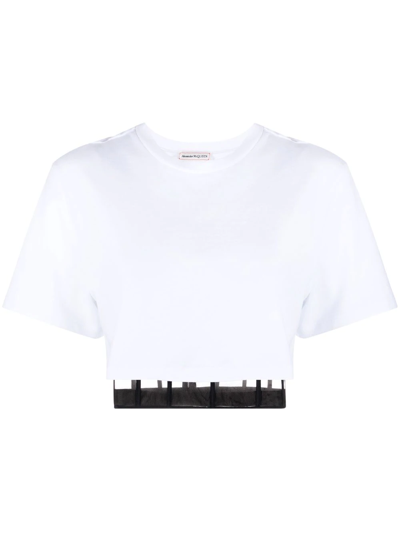 Alexander Mcqueen Cropped Layered Cotton-jersey And Tulle T-shirt In White/black
