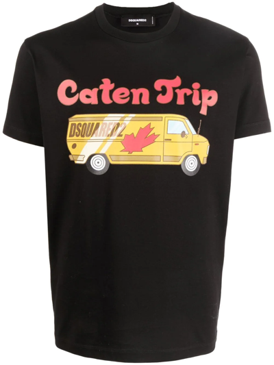 Dsquared2 D-squared2 Mans Black Cotton T-shirt With Caten Trip Print