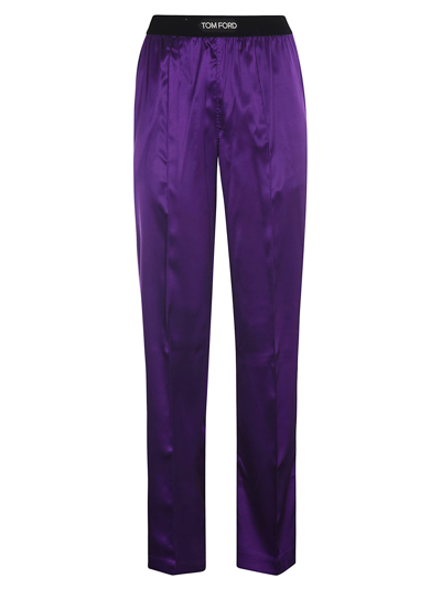 Tom Ford Velvet-trimmed Stretch-silk Satin Pants In Purple