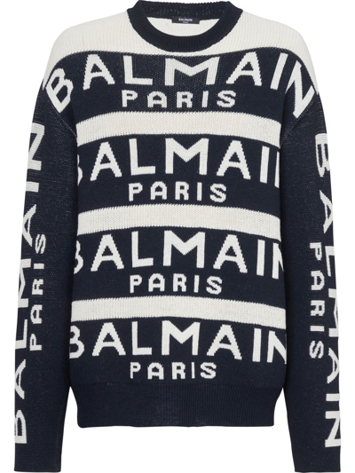 Balmain Logo-print Knitted Jumper In Blue