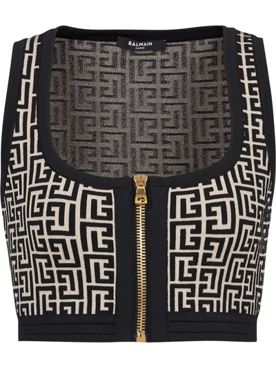 BALMAIN MONOGRAM-PATTERN CROPPED TOP