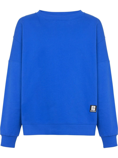 Balmain Logo-patch Cotton Sweatshirt In Blue