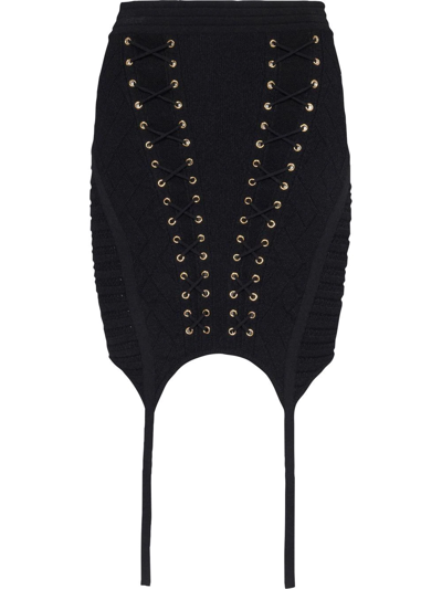 Balmain Eyelet Detail Lace Up Knitted Garter Skirt In Black