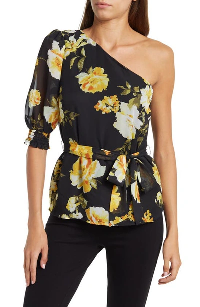 Gibsonlook One Shoulder Blouse In Black Yellow Floral