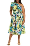 DONNA MORGAN FOR MAGGY FLORAL PRINT RUFFLE ONE-SHOULDER MIDI DRESS