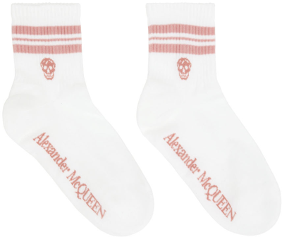 Alexander Mcqueen White & Pink Stripe Skull Socks In 9039 White-rose Gold