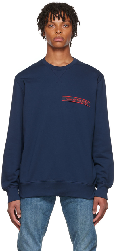 Alexander Mcqueen Logo-tape Relaxed-fit Cotton-jersey Sweatshirt In Blue