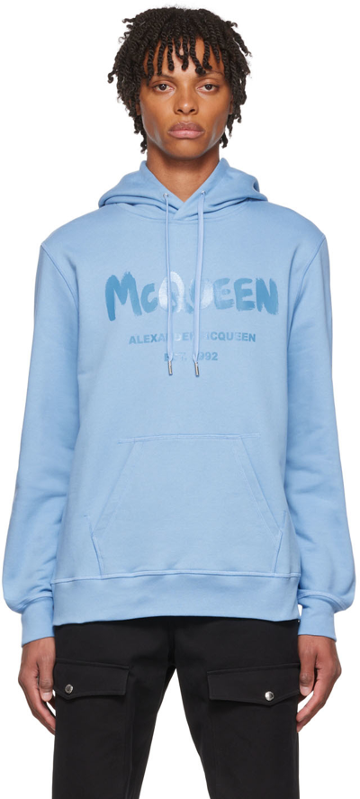 Alexander Mcqueen Men's Terry Graffiti Pullover Hoodie In Sky Blue