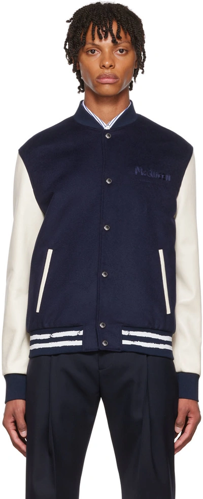 Alexander Mcqueen Leather And Wool-blend Varsity Jacket In Blue