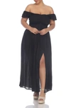 Boho Me Off The Shoulder Flutter Sleeve Smocked Maxi Dress In Black