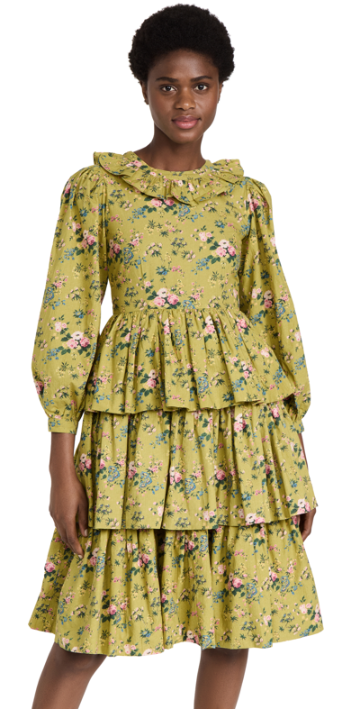 Batsheva + Laura Ashley Welsh Ruffled Floral-print Cotton-poplin Dress In Green