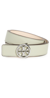 Tory Burch Miller Logo Leather Skinny Belt In Pine Frost/new Cream/silver