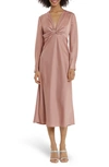 Maggy London Twist Neck Long Sleeve Midi Dress In Copper Rose