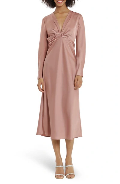 Maggy London Twist Neck Long Sleeve Midi Dress In Copper Rose