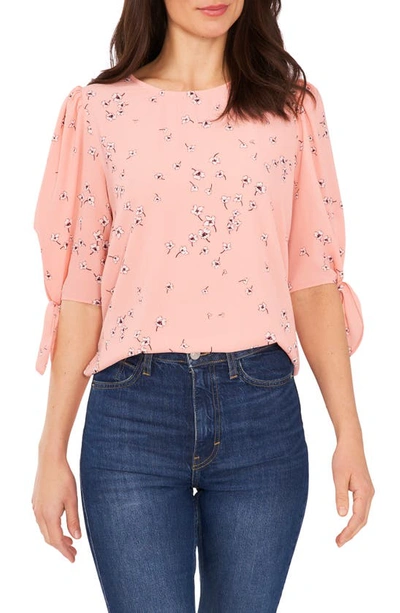 Cece Floral Print Tie Sleeve Blouse In Soft Peach