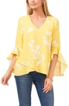 Vince Camuto Floral Print Trumpet Sleeve Top In Yellow