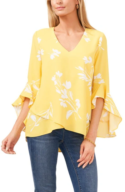 Vince Camuto Floral Print Trumpet Sleeve Top In Yellow