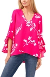 Vince Camuto Floral Print Trumpet Sleeve Top In Hot Pink