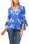 Vince Camuto Floral Print Trumpet Sleeve Top In Blue