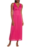 Natori Enchant Deep V-neck Satin Nightgown In Fuchsia W/ Ivory Lace