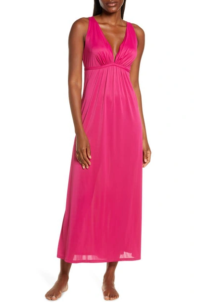 Natori Enchant Deep V-neck Satin Nightgown In Fuchsia W/ Ivory Lace