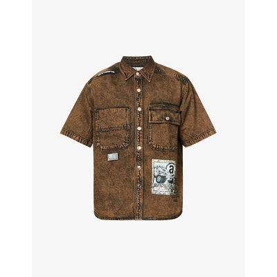 Aape Logo-embroidered Short-sleeve Oversized Fit Cotton-twill Shirt In Brown