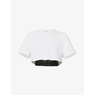 Alexander Mcqueen Cropped Bustier Cotton-jersey And Mesh T-shirt In Opticalwhite