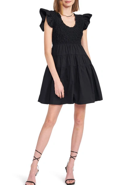 En Saison Matisse Tiered Flutter Sleeve Cotton Minidress In Black