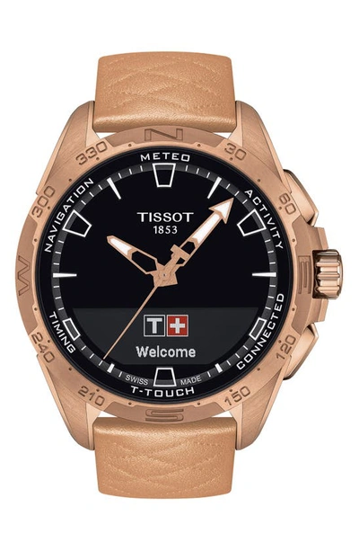 Tissot T-touch Connect Solar Smart Leather Strap Watch, 47.5mm In Black/rose Gold