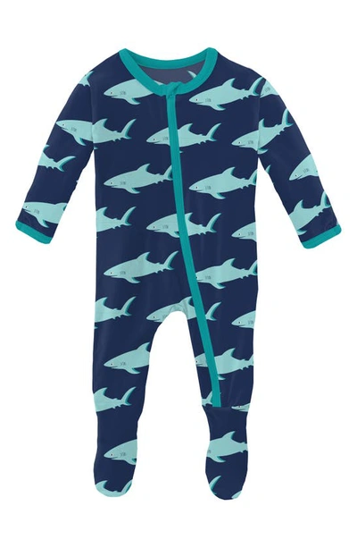 Kickee Pants Babies' Shark Print Fitted One-piece Pajamas In Flag Blue Sharky
