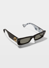 Gucci Monochromatic Rectangle Sunglasses W/ Interlocking G Temples In Black