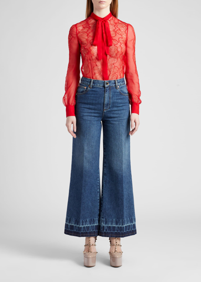 Valentino Sheer Lace Neck-tie Blouse In Red