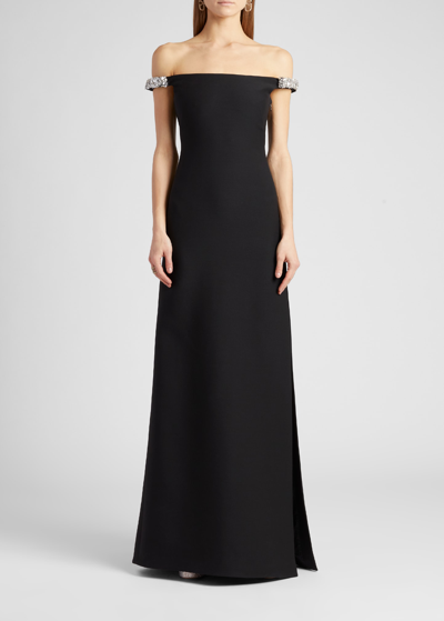 Valentino Crystal-embellished Off-the-shoulder Slit Crepe Gown In Black