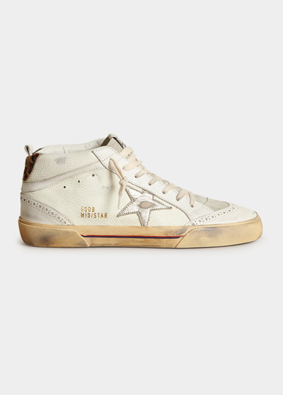Golden Goose Mid Star Mixed Leather Wing-tip Sneakers In Cream/ice/white/platinum/beige Brown Leo