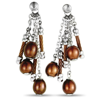 Charriol Pearl Stainless Steel And Bronze Pvd Brown Pearls Dangle Push Back Earrings In Multi-color