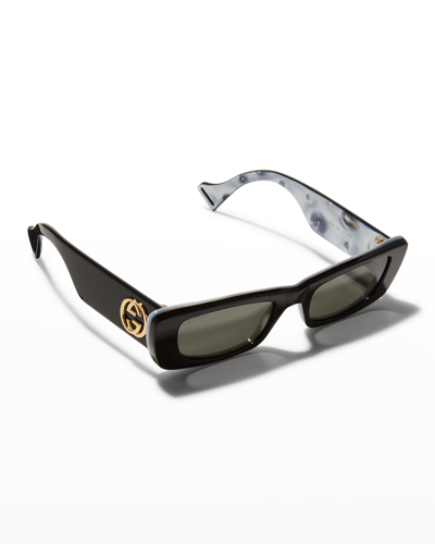 Gucci Monochromatic Rectangle Sunglasses W/ Interlocking G Temples In Black