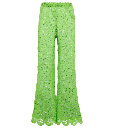 Rotate Birger Christensen Nola Crochet Cotton-blend Flared Pants In Green Flash