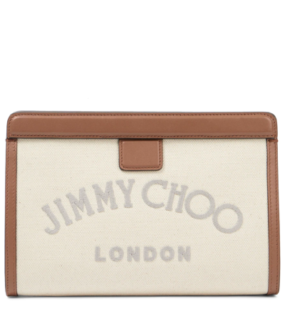 Jimmy Choo Varenne Leather-trimmed Embroidered Recycled Cotton-canvas Clutch In Natural/marl Grey/dark Tan
