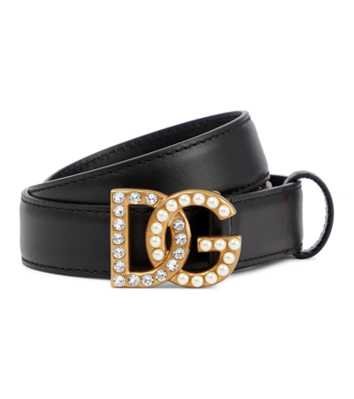 Dolce & Gabbana Embellished Dg Logo Buckle Belt In Calf Leather In Black